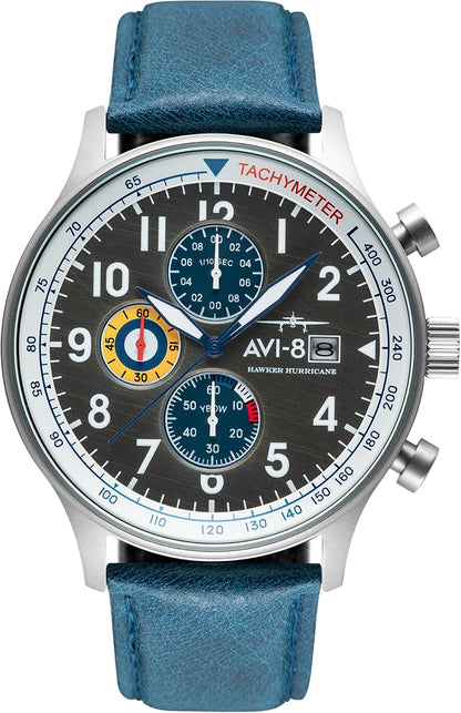 HOTAVI-8 Hawker Hurricane Men's Pilot Watch – Classic Chronograph, Japanese Quartz Movement, Stainless Steel Case, Leather Strap, AV-4011