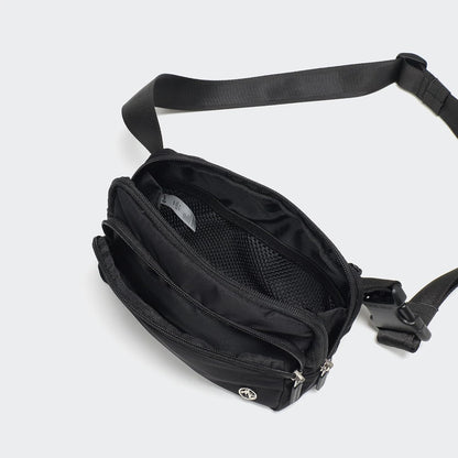 HOTPander Nylon Crossbody Belt Bag with Excess Strap Keepers, 6-Pocket Adjustable Sling Fanny Pack for Travel and Everyday Carry, Black
