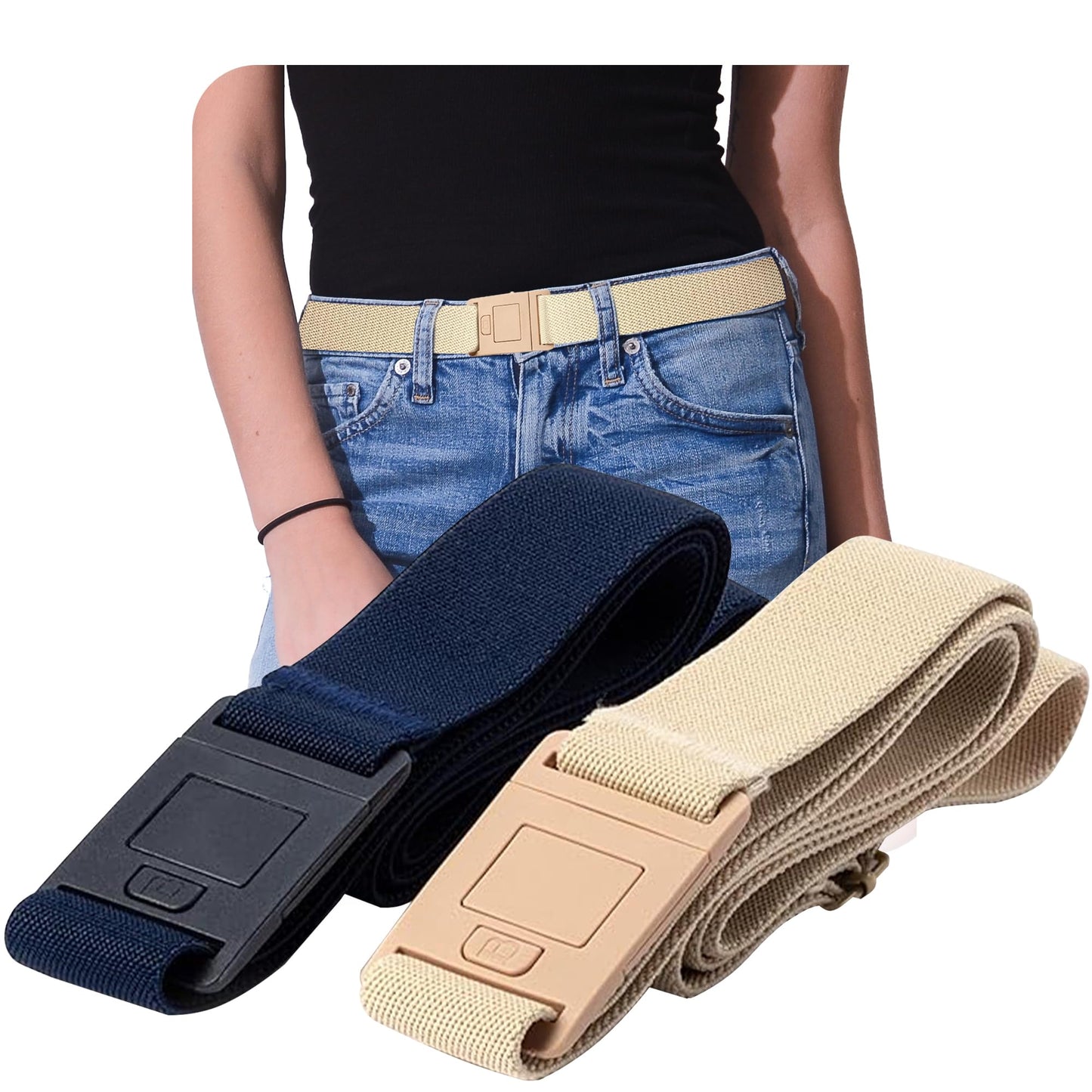 HOTBELTAWAY Easily Adjustable Elastic Flat Buckle No Show Belts for Women – Stretch No Bulge jeans pants