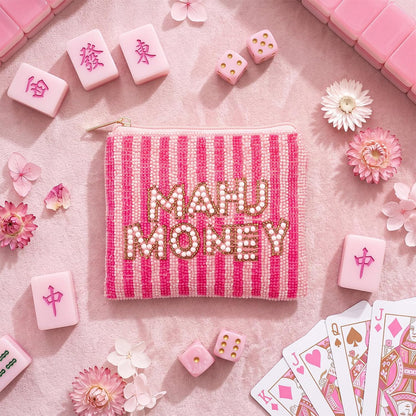 HOTTallew Mahjong Money Beaded Pouch Pink Seed Bead Coin Purse Zipper Mini Card Coin Holder 6 x 5 Inch Mahjong Lover Gift Accessory for Women Table Game Night Cash Travel