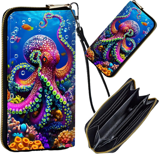 HOTWomen's Wristlet Wallets for Ladies, RFID Blocking Leather Zipper Handbag Clutch Purse Money Holder Organizer for Travel Shopping, Ocean Octopus