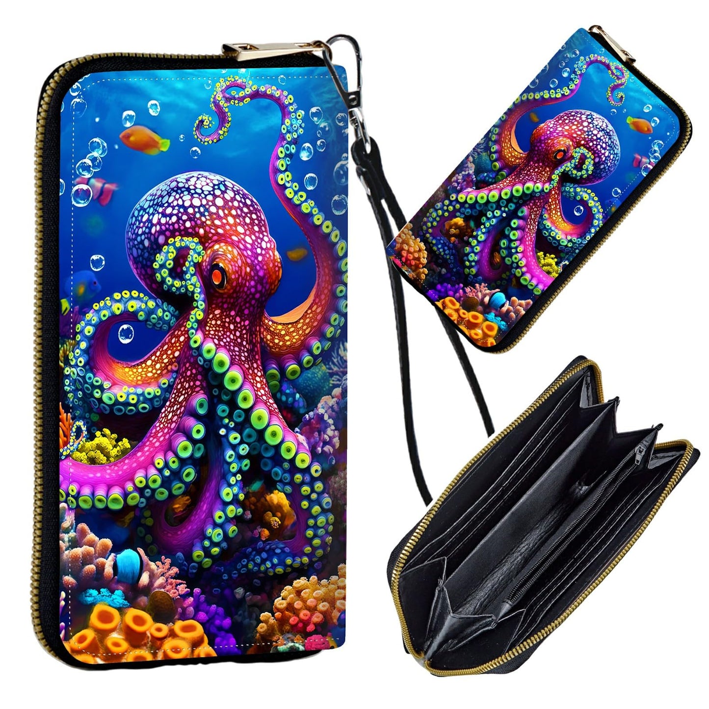 HOTWomen's Wristlet Wallets for Ladies, RFID Blocking Leather Zipper Handbag Clutch Purse Money Holder Organizer for Travel Shopping, Ocean Octopus
