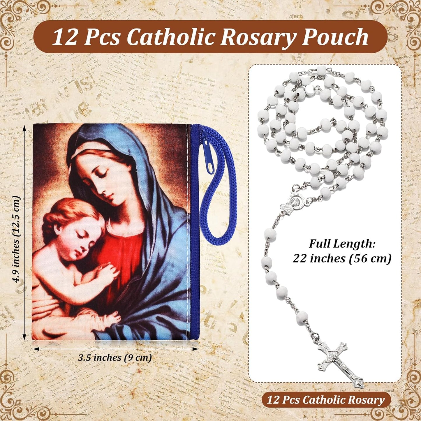 HOTRemuuly 12 Sets Catholic Rosary Pouch with Wood Catholic Rope Rosary 4.9'' x 3.5'' Coin Purse Holder Bag with Zipper for Prayer Storage Small Religious Keepsake Gift First Communion Baptism Gift