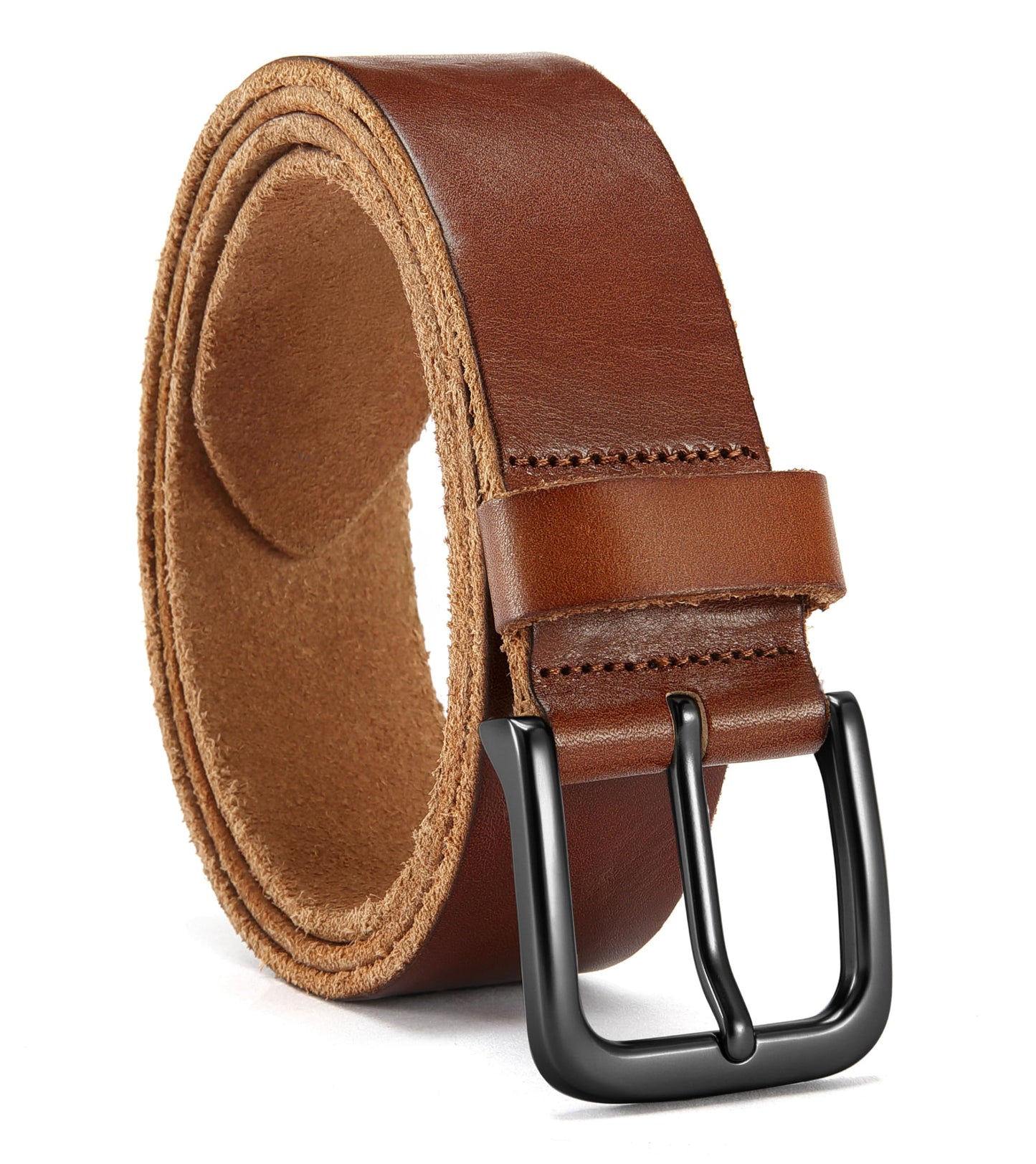 HOTCHAOREN Mens Belts Casual for Jeans - Full-Grain Leather, Durable Cowhide | Solid Buckle, Classic Style, Handmade, Daily Wear, Gift Box