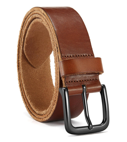 HOTCHAOREN Mens Belts Casual for Jeans - Full-Grain Leather, Durable Cowhide | Solid Buckle, Classic Style, Handmade, Daily Wear, Gift Box