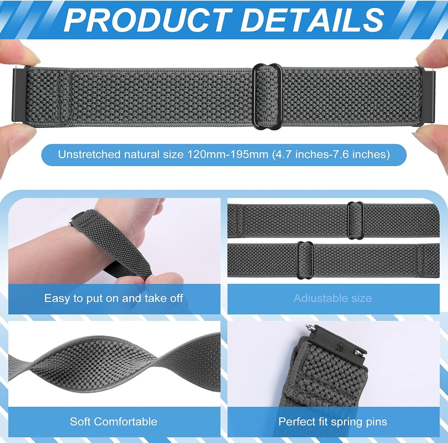 HOTCompatible with 16mm 18mm 19mm 20mm 22mm 24mm Watch Bands Quick Release Replacement Wristband,Adjustable Stretchy Nylon Solo Loop Straps Fabric Braided Sport Elastic Bands for Men Women