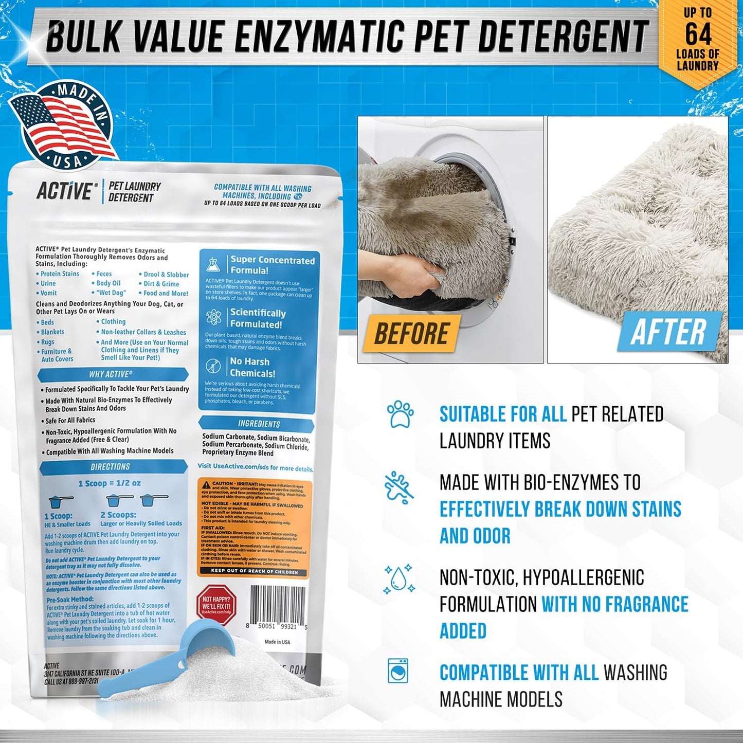 HOTPet Laundry Detergent Odor Remover - ACTIVE Enzyme Based Powder Detergent for Dogs Beds, Cat Pee, HE Washer Friendly Natural Enzymatic Deodorizer, Urine, Smell, Dog Drool, Stain Eliminator - 64 Loads