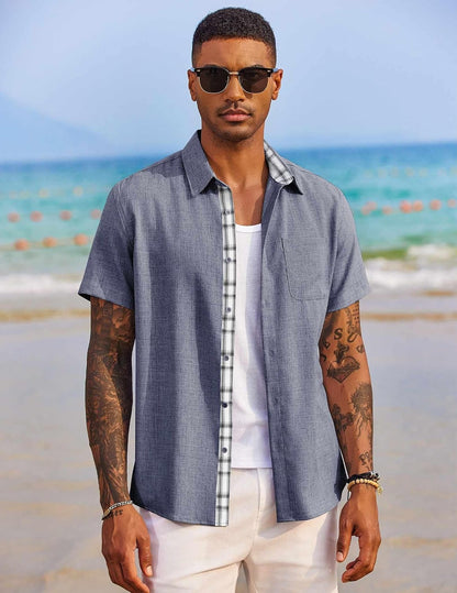HOTCOOFANDY Men's Button Down Shirts Short Sleeve Casual Summer Beach Vacation Wedding Shirt with Pocket