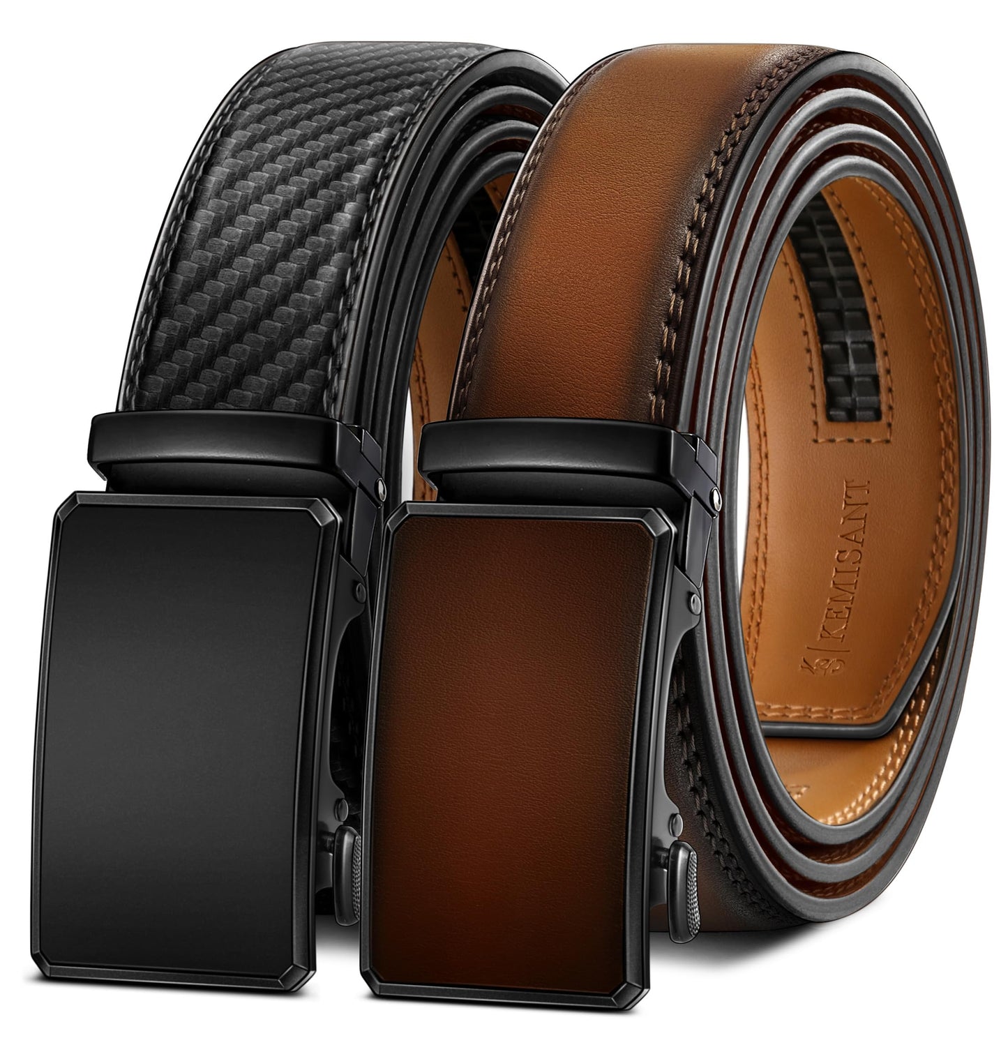 HOTKEMISANT Men's Ratchet Leather Belt 2Pack-Trimmable 1 3/8“-Gift Boxed | Smooth Sliding | Micro Adjustable Fit | Tailored Size | Holeless Understated Elegance