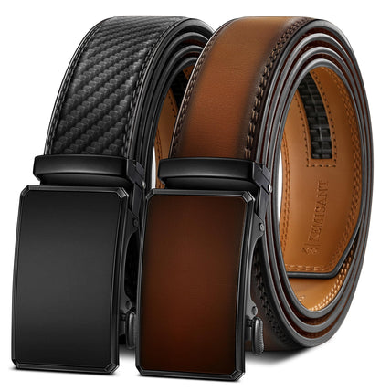 HOTKEMISANT Men's Ratchet Leather Belt 2Pack-Trimmable 1 3/8“-Gift Boxed | Smooth Sliding | Micro Adjustable Fit | Tailored Size | Holeless Understated Elegance