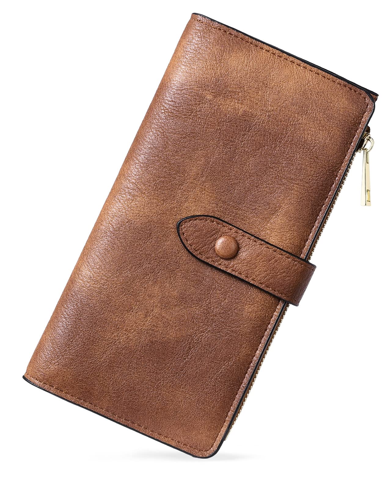 HOTBOSTANTEN Womens Leather Wallet RFID Large Capacity Credit Card Holder | 4 ID Windows, 16 Card Slots, Zipper Coin Pocket, Clutch Wallet, Long Bifold, Ladies Gifts, Brown