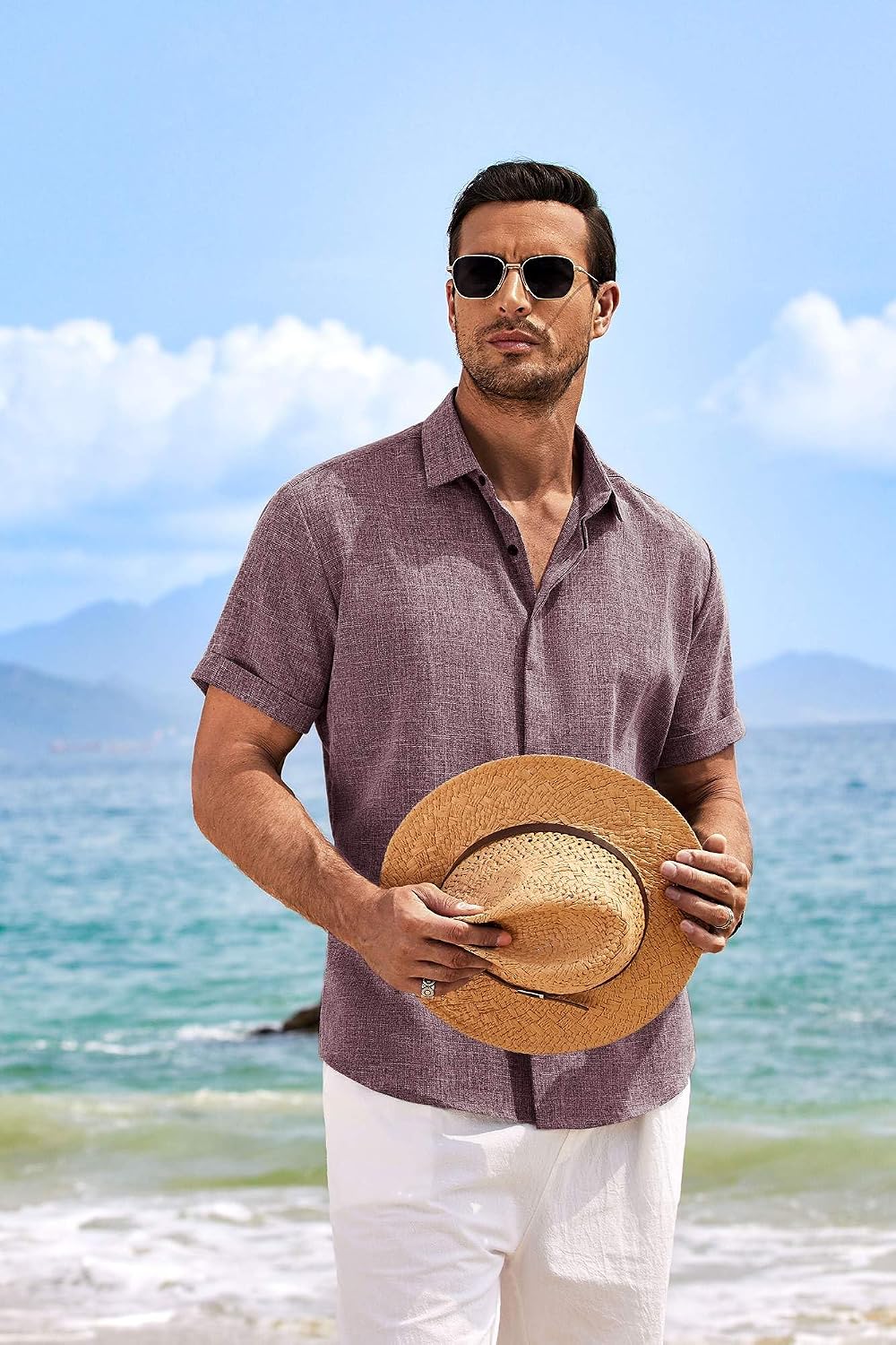 HOTCOOFANDY Men's Linen Shirts Short Sleeve Casual Shirts Button Down Shirt for Men Beach Summer Wedding Shirt