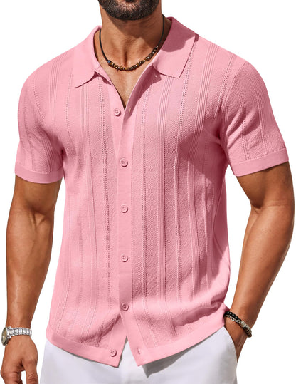 HOTCOOFANDY Men's Knit Button Down Shirts Short Sleeve Polo Shirt Casual Vacation Summer Beach Shirts