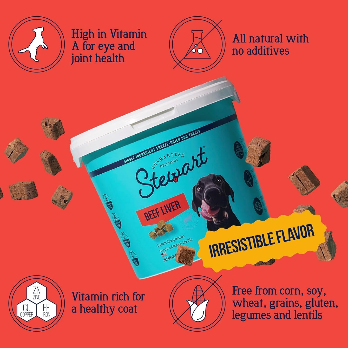 HOTStewart Freeze Dried Dog Treats, 100% Beef Liver, 21 oz Tub | Premium Quality Raw Protein, Single Ingredient, High Protein Training Treats & Food Topper, No Refrigeration, Cat Friendly