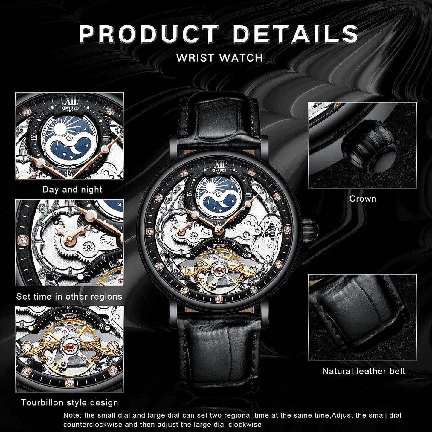 HOTIK COLOURING Bestn Mens Luxury Skeleton Automatic Mechanical Wrist Watches Leather Moon Phrase Luminous Hands Self-Wind Watch