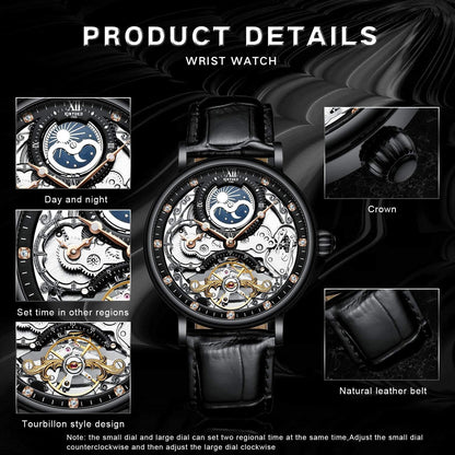 HOTIK COLOURING Bestn Mens Luxury Skeleton Automatic Mechanical Wrist Watches Leather Moon Phrase Luminous Hands Self-Wind Watch