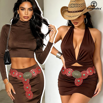 HOTTRIWORKS Western Belts for Women Wide Cowgirl Disc Belt with Turquoise Boho Concho Leather Belt Country Belt for Dress