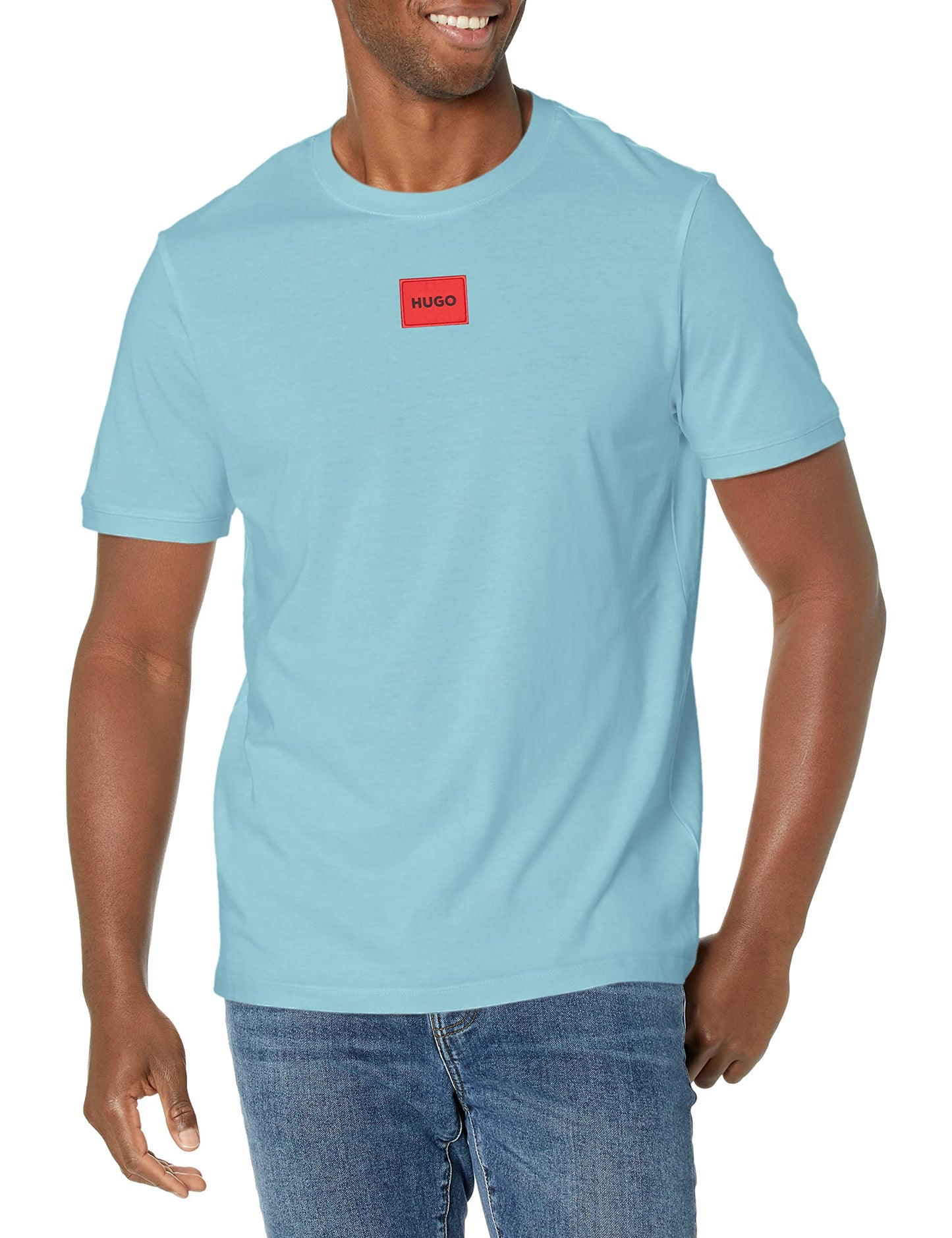 HOTHugo Mens Ribbed Crew Neck Regular Fit Center Logo T-Shirt