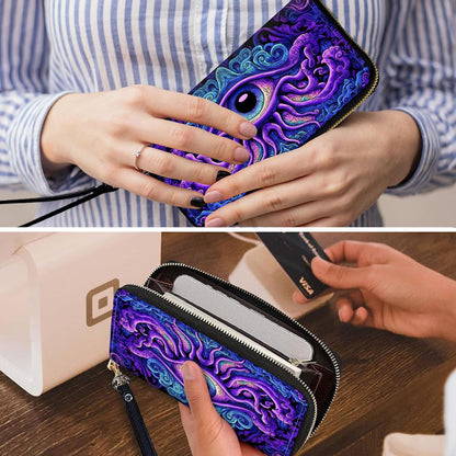 HOTWristlet Wallets for Women,Ladies Women's Wallet,Clutch Purses for Female Leather Large Capacity Credit Card Holder with Zipper Slim Cute Coin Pocket,RFID Blocking,Cute Funny Eye Purple