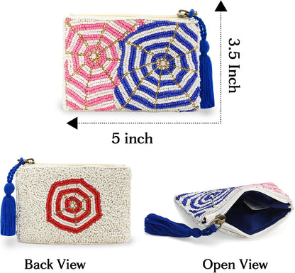 HOTBeaded Coin Pouch, Pink and Blue, 5 x 3.5 Inches, Small Zip Purse