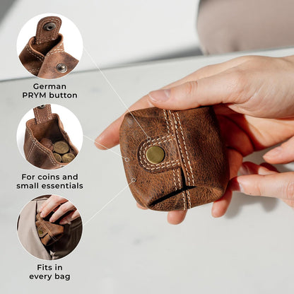 HOTBerliner Bags Vintage Genuine Leather Coin Pouch Lena, Change Purse for Women and Men, Coin Purse With Snap - Brown