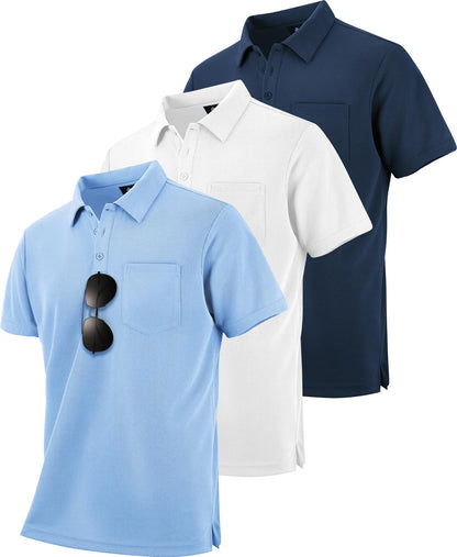 HOTZITY Men's 3 Pack Polo Shirts Short Sleeve with Pocket Moisture Wicking Casual Work Golf Lightweight Collared T-Shirts