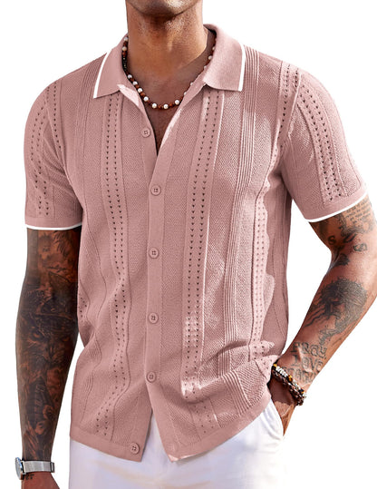 HOTCOOFANDY Men's Knit Shirts Short Sleeve Button Down Polo Shirt Fashion Casual Summer Beach Shirts