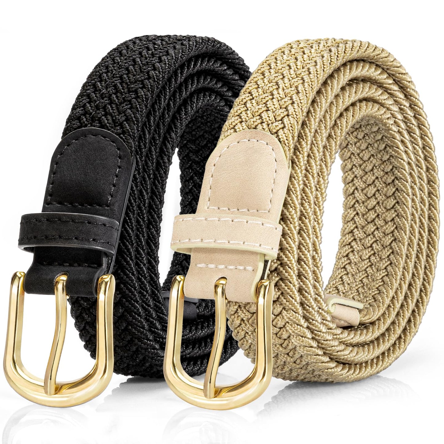 HOT2 Pack Braided Belt for Women, Elastic Woven Stretch Fabric Cloth Belt with Gold Buckle
