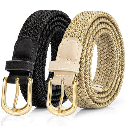 HOT2 Pack Braided Belt for Women, Elastic Woven Stretch Fabric Cloth Belt with Gold Buckle
