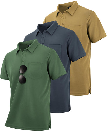 HOTZITY Men's 3 Pack Polo Shirts Short Sleeve with Pocket Moisture Wicking Casual Work Golf Lightweight Collared T-Shirts