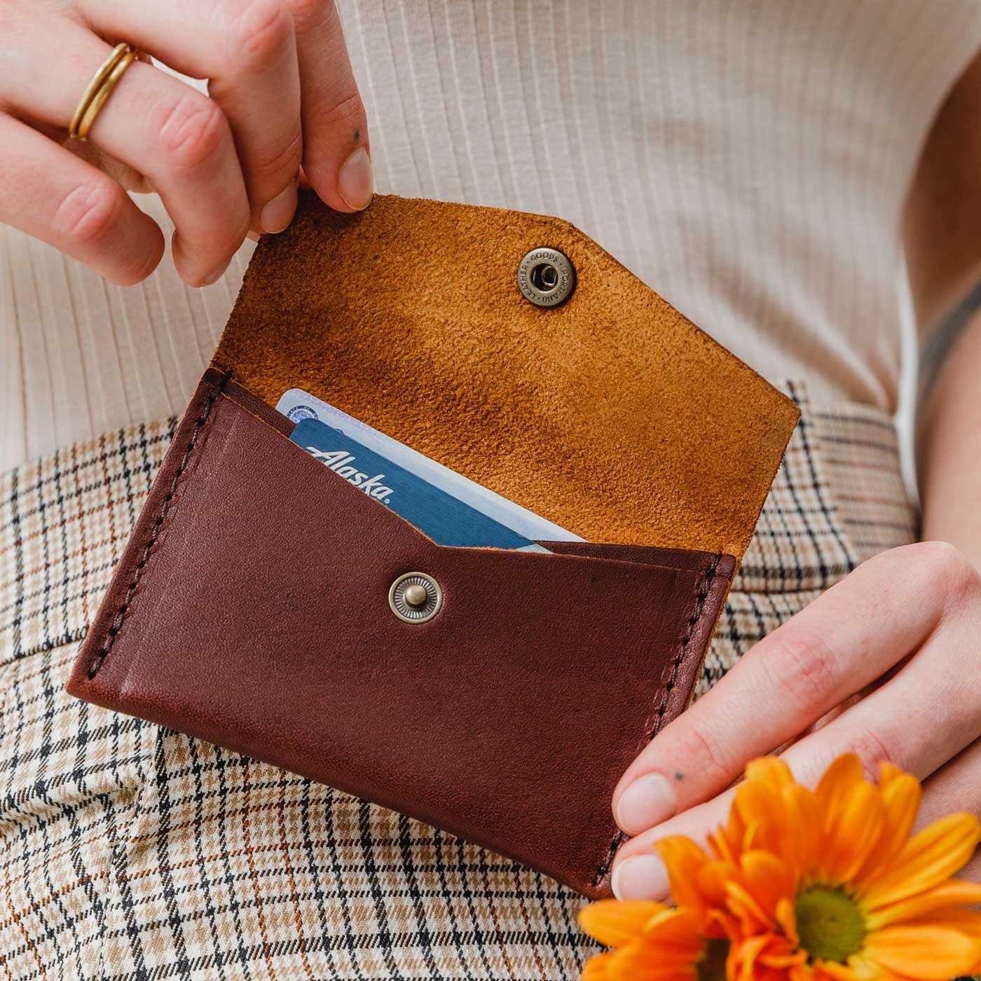 HOTPortland Leather Goods Mini Envelope Wallet for Women – Handmade from the Finest Full-Grain Hides – Features Two Interior Pockets with Secure Snap Closure – Cognac