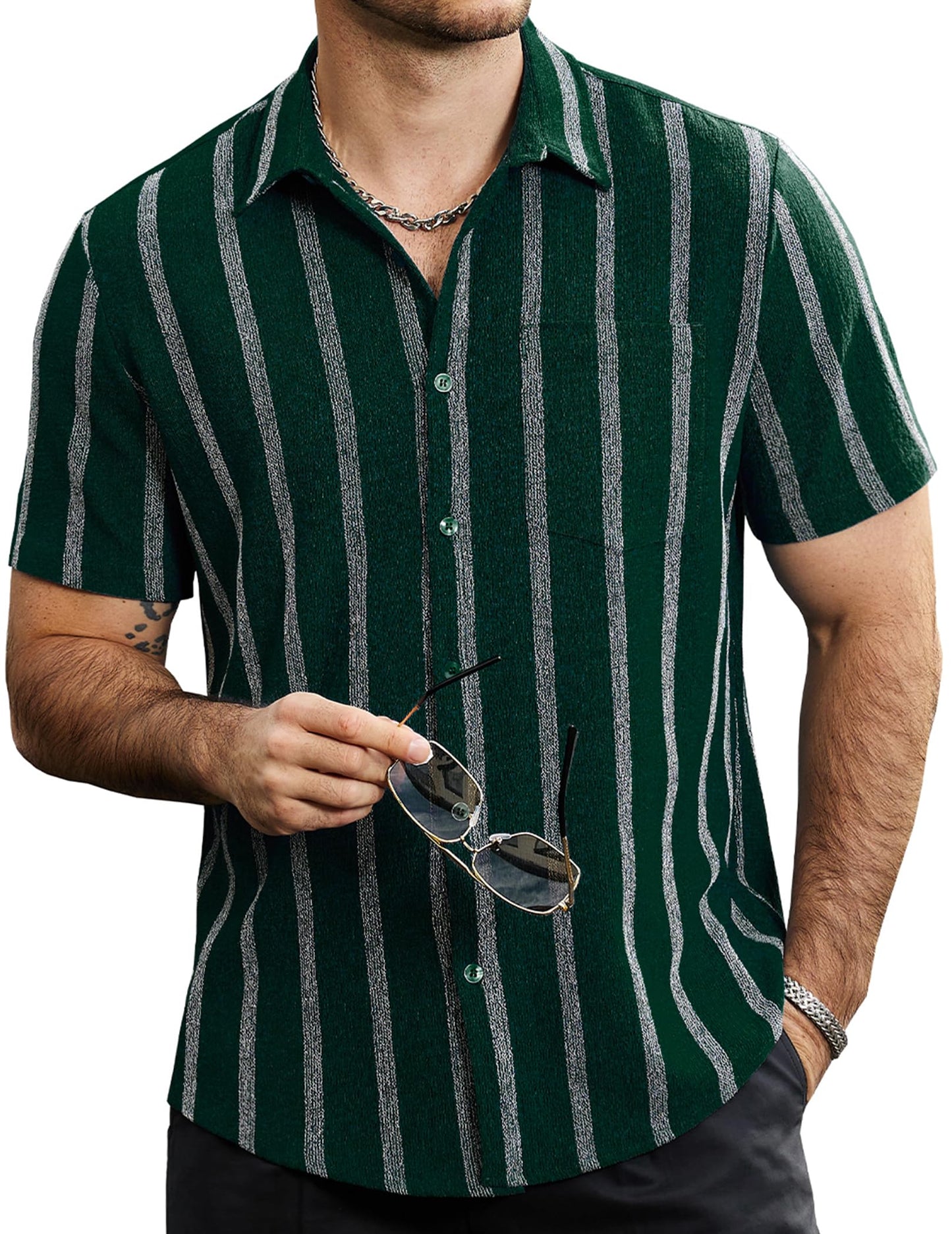 HOTVATPAVE Mens Summer Striped Shirts Button Down Short Sleeve Vintage Beach Hawaiian Shirts with Pocket