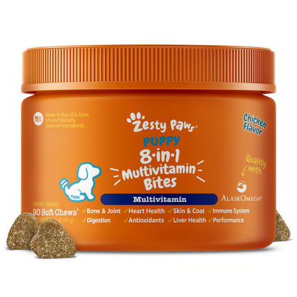 HOTZesty Paws Dog Multivitamin, Chewable Dog Vitamins and Supplements for Hip & Joints, Skin & Coat, Omega 3 Fish Oil for Dogs- Senior & Puppy Multivitamin- Chicken- 90ct