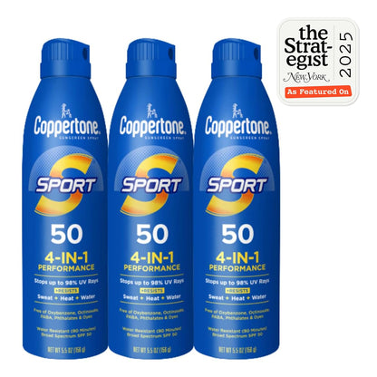 HOTCoppertone Sport Sunscreen Spray SPF 50, Sweat, Heat and Water Resistant Sunblock, Lightweight, Oxybenzone Free, Spray Sunscreen Bulk Pack, 5.5 Oz Bottle, Pack of 3