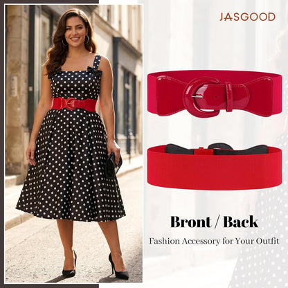 HOTJASGOOD Women Wide Stretch Belt,Vintage Chunky Buckle Elastic Waist Belts Patent Leather Belt 50s Belt for Dress