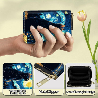 HOTCat On Starry Night Credit Card Holder for Women with Zipper Small Credit Card Wallet PU Leather RFID Blocking Wallet Card Organizer Wallets Accordion Wallets Gift for Women or Men