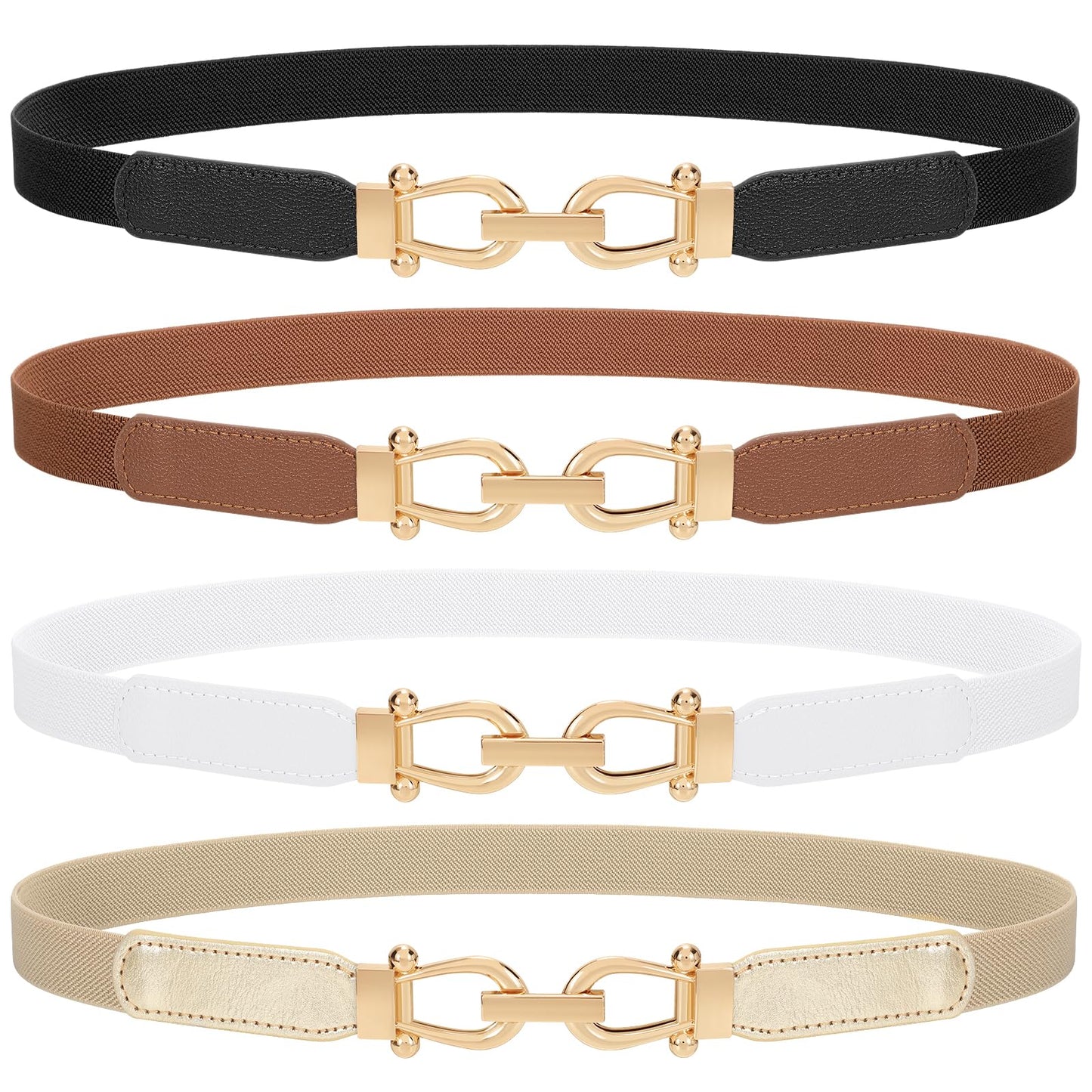 HOTTRIWORKS 4 Pack Women Skinny Elastic Belts Gold Buckle Thin Stretchy Waist Belts for Dresses