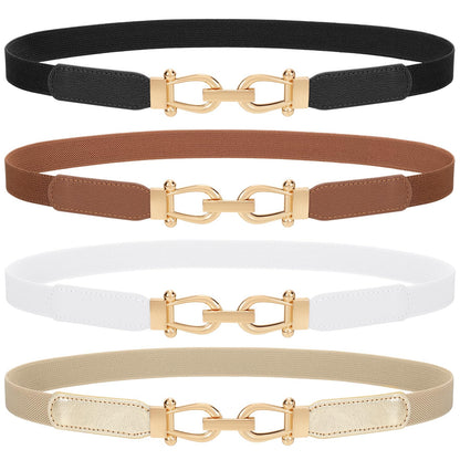 HOTTRIWORKS 4 Pack Women Skinny Elastic Belts Gold Buckle Thin Stretchy Waist Belts for Dresses