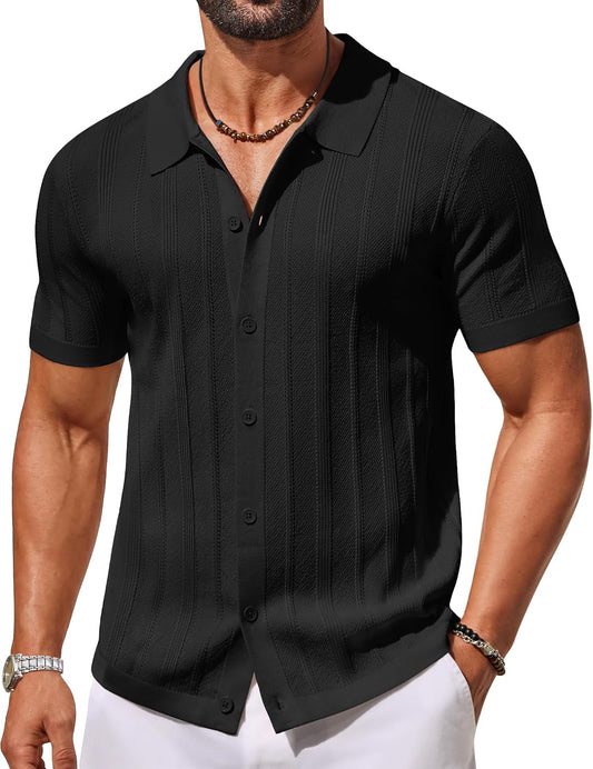 HOTCOOFANDY Men's Knit Button Down Shirts Short Sleeve Polo Shirt Casual Vacation Summer Beach Shirts