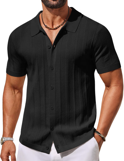 HOTCOOFANDY Men's Knit Button Down Shirts Short Sleeve Polo Shirt Casual Vacation Summer Beach Shirts