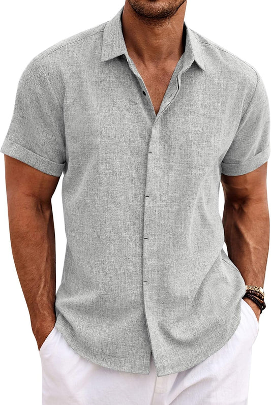 HOTCOOFANDY Men's Linen Shirts Short Sleeve Casual Shirts Button Down Shirt for Men Beach Summer Wedding Shirt