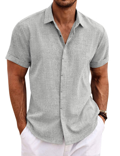 HOTCOOFANDY Men's Linen Shirts Short Sleeve Casual Shirts Button Down Shirt for Men Beach Summer Wedding Shirt