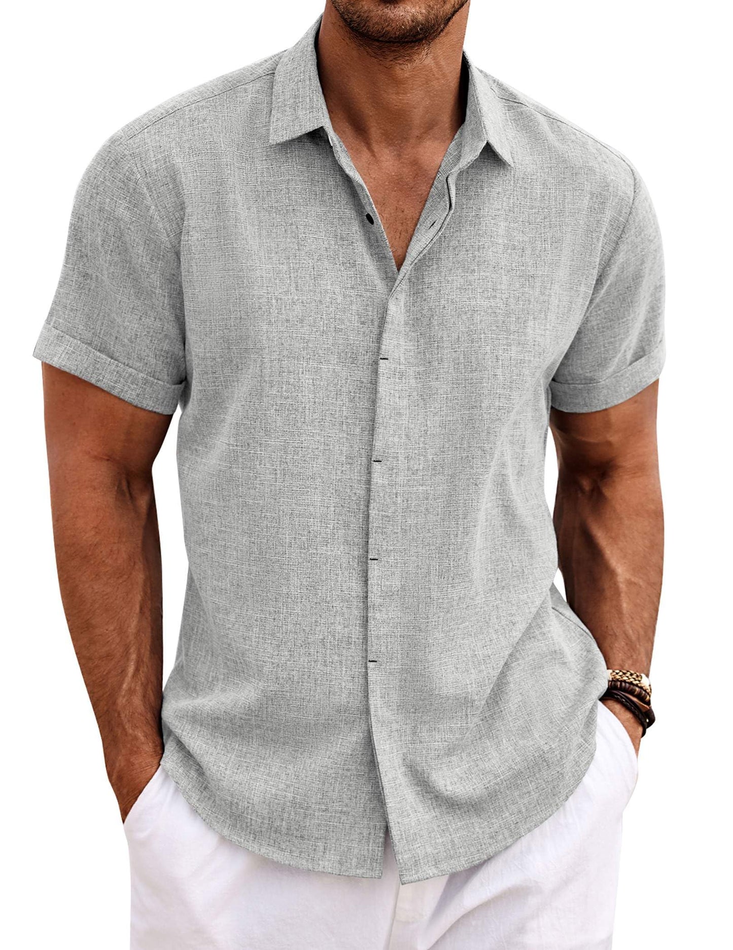 HOTCOOFANDY Men's Linen Shirts Short Sleeve Casual Shirts Button Down Shirt for Men Beach Summer Wedding Shirt