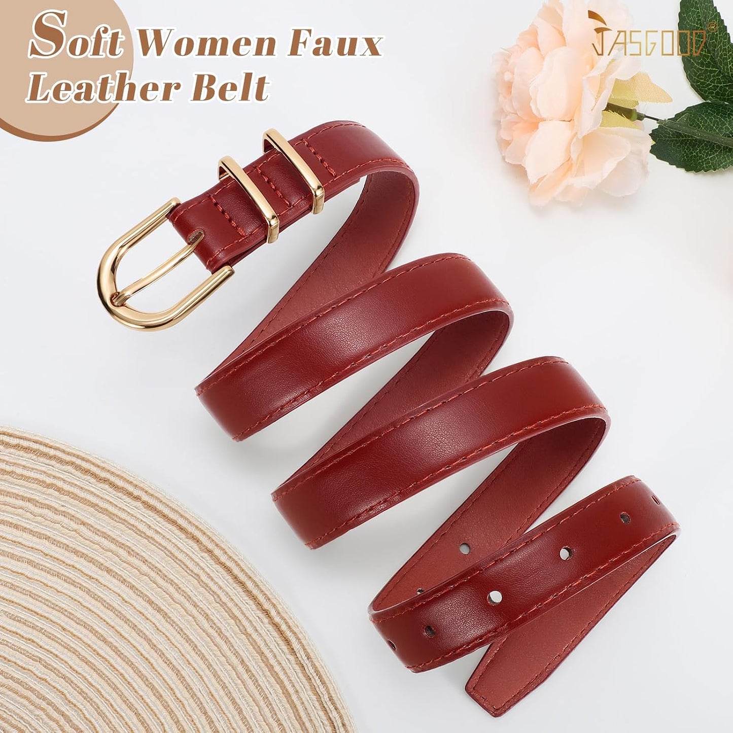 HOTJASGOOD Women Skinny Leather Belt for Jeans Pants Fashion Ladies Thin Belt for Dress with Gold Single Prong Buckle