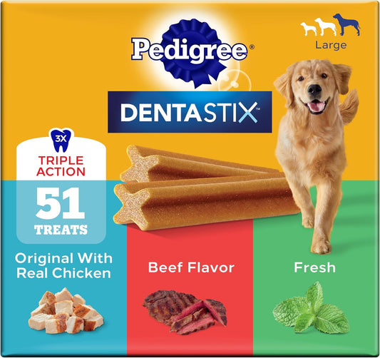HOTPedigree Dentastix Large Breed Dog Dental Treats, Variety, 51 Count | Original, Beef & Fresh Flavors, triple action dental care, reduces tartar, cleans teeth, freshens breath, for dogs 40+ lbs