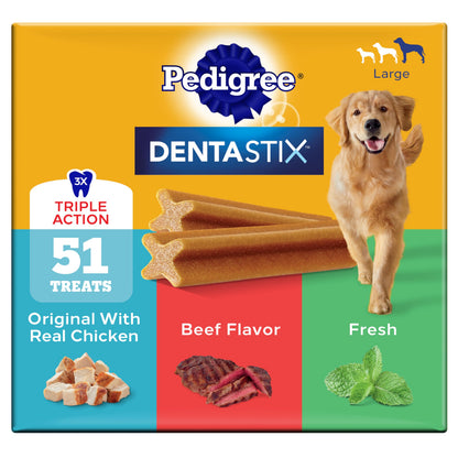 HOTPedigree Dentastix Large Breed Dog Dental Treats, Fresh, 36 Count | Triple action dental care, reduces tartar, cleans teeth, freshens breath, for dogs 40+ lbs, no added sugar/fillers