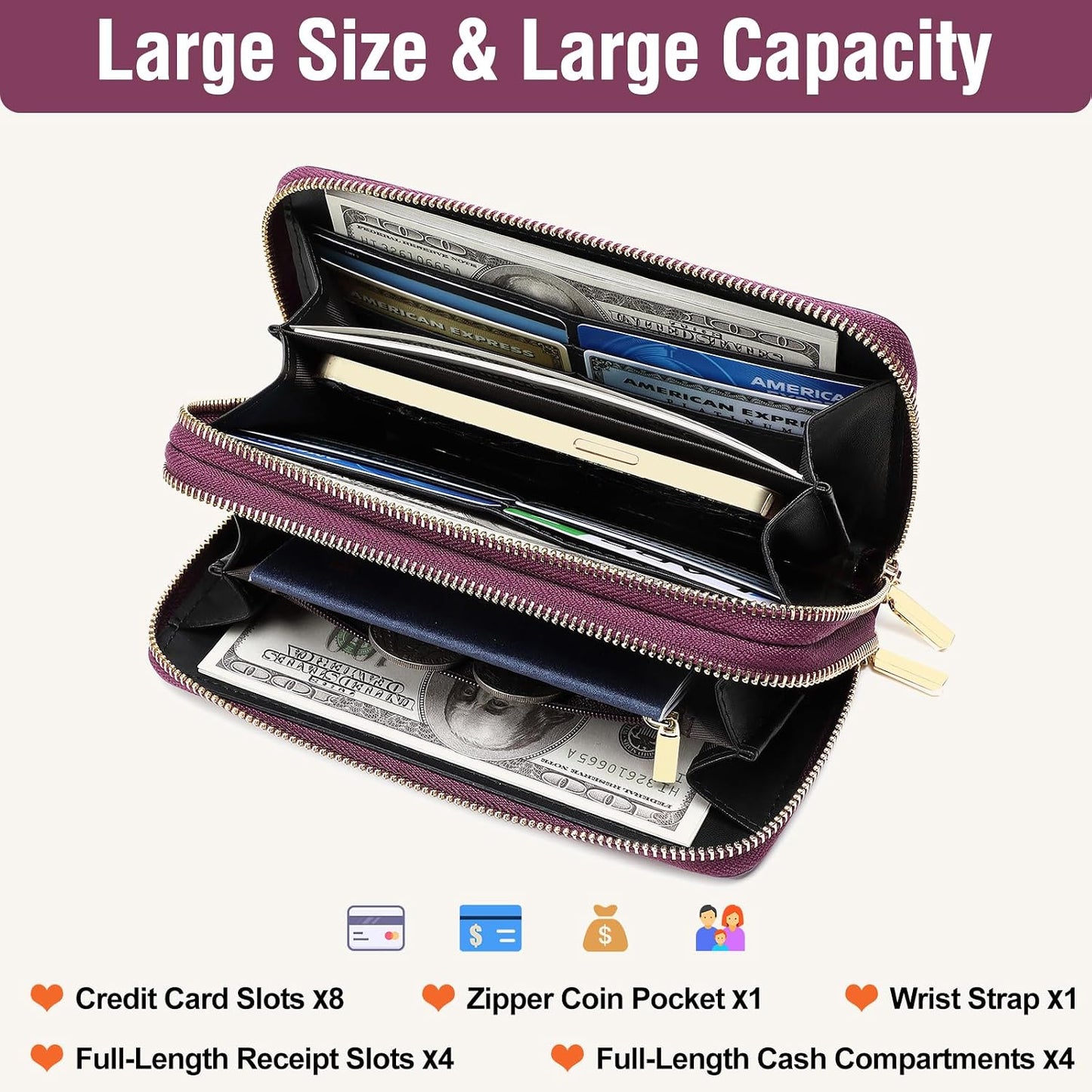 HOTMoraMok Genuine Leather Wallet for Women, Large Capacity Credit Card Holder Wallet with RFID Blocking, Double Zipper Pocket, Phone Wristlet Purse (Dark Purple)