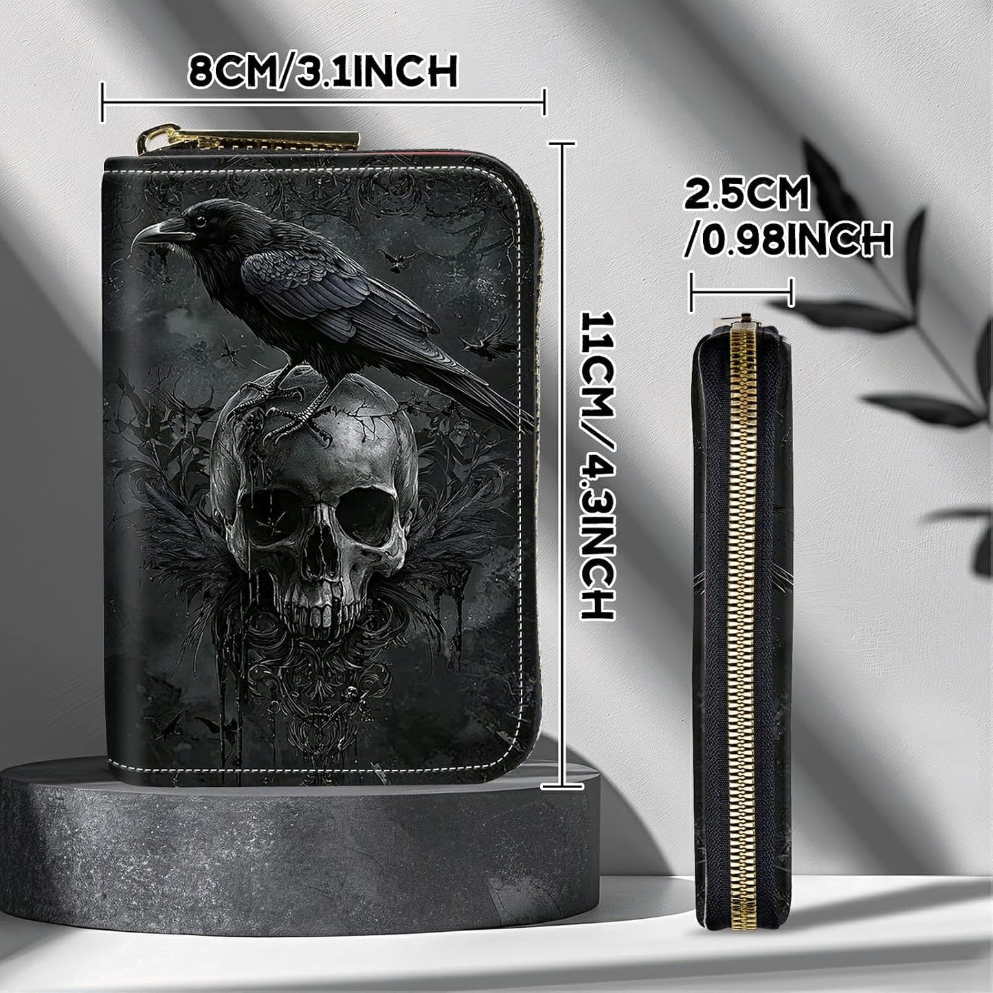 HOTCute Credit Card Holder with Zipper, Crow Skull RFID-Blocking Card Case Small Wallet for Women Men, Multi-slot Card Organizer Case Travel Accordion Wallet