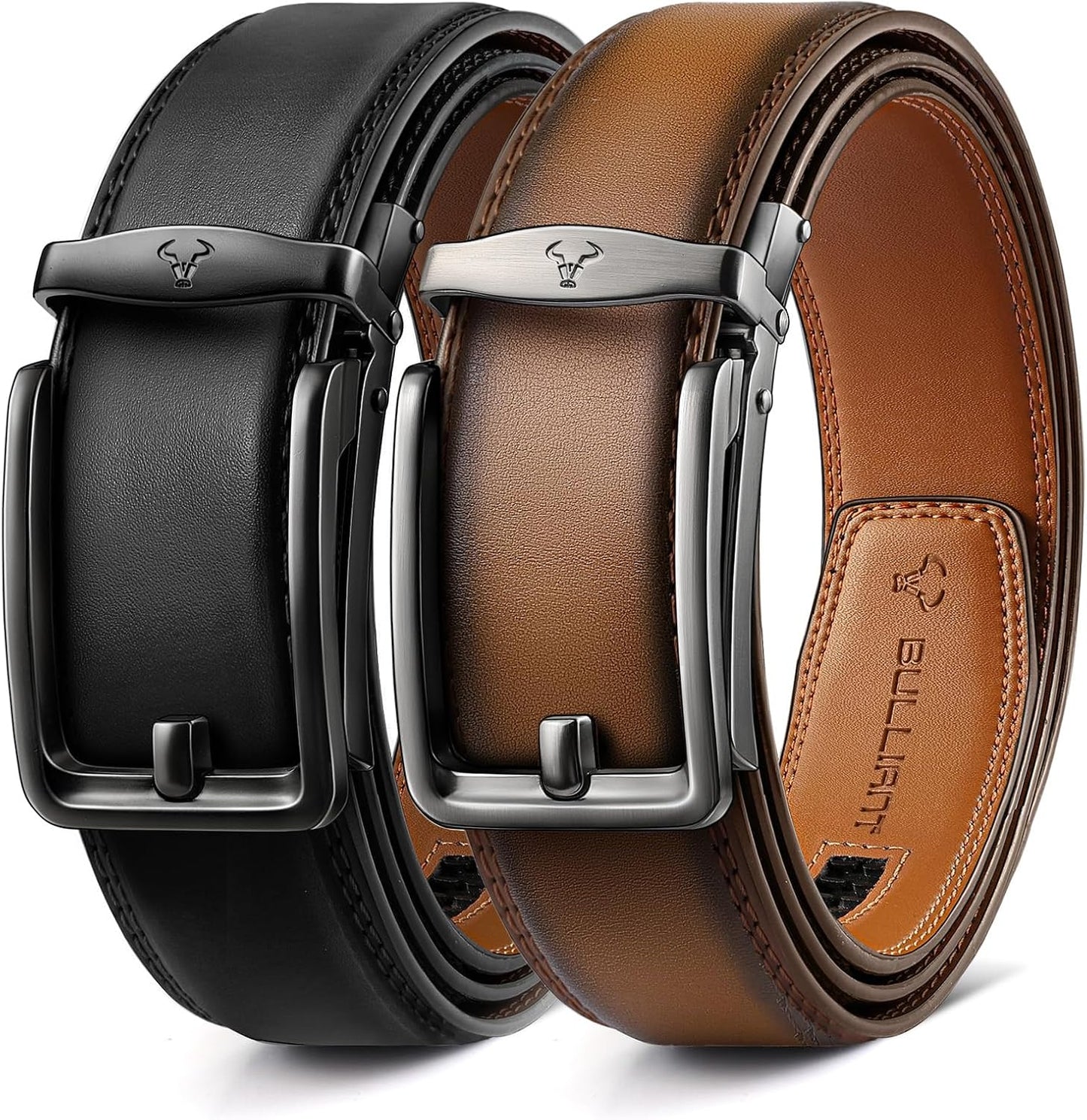 HOTBULLIANT Men Ratchet Belt 2 Pack, Click Sliding Leather Belt Adjustable for Gift Men Dress Casual Jeans 1 3/8,Cut for Fit