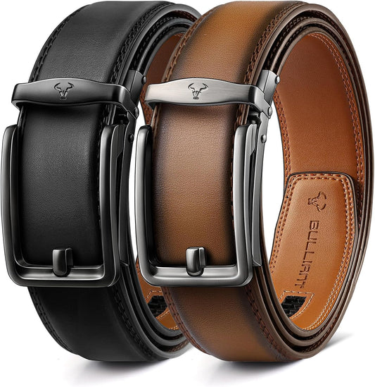 HOTBULLIANT Men Ratchet Belt 2 Pack, Click Sliding Leather Belt Adjustable for Gift Men Dress Casual Jeans 1 3/8,Cut for Fit